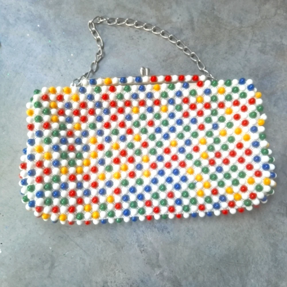 Vintage 1950's Bubble Beads Purse Yellow, Red, & Geen Handbag - Picture 2 of 12